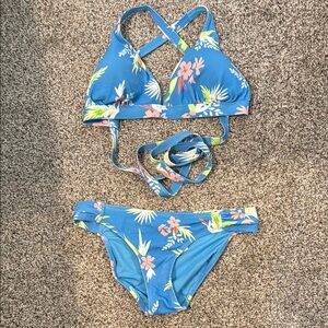 Jessica Simpson Blue and Pink Floral Bikini with Strappy Back (Top-D/ Bottom-S)